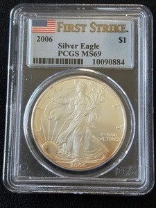 lot 52 image: 2006 Silver Eagle PCGS MS69 First Strike