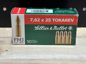 lot 12 image: Sellier & Bellot 7.62 x 25 Full Metal Jacket 50 Rounds