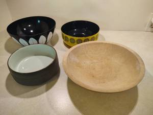 lot 134 image: Four Assorted Wood, Metal and Ceramic Serving Bowls