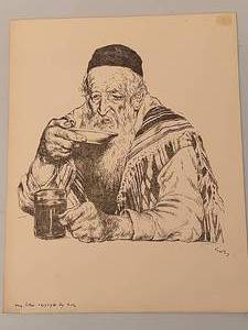 lot 41 image: Ivan Sors Original Lithograph Man Drinking from Bowl Judaica Art