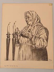 lot 42 image: Ivan Sors Original Lithograph Woman Blessing Sabbath Candles Judaica Art