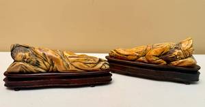 lot 11 image: Chinese Sleeping Man Hand Carved Figurines on Wood Base