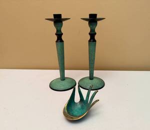 lot 19 image: Bronze Hand Ring Dish and Pair of Turquoise Color Candle Holders