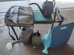 lot 157 image: Garden Seat, Tool Apron & Watering Cans
