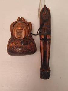 lot 79 image: Wood Carved Tobacco Case wAttached Carved Pipe & Holder
