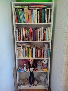 lot 198 image: White Bookcase wBooks & Stuffed Animals