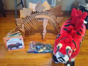 lot 210 image: Dinosaur Wooden Skeleton, Stuffed Dino & Lot of Play Dinos