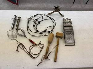 lot 80 image: Vintage Items - Barbwire, Bell, Kitchen Items