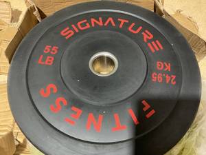 lot 205 image: Signature Fitness 100% Virgin Rubber Bumper Plates, 55 lbs, Low Odor (1 PLATE)