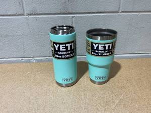 lot 225 image: LOT OF 2 Yeti Tumbler and Bottle Seafood Green