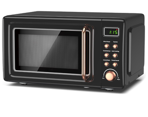 lot 56 image: Moccha Retro Microwave, 0.7Cu.ft Compact Microwave, 700-Watt Countertop Microwave Ovens w5 Micro Power, Delayed Start Function, LED Display, Child Lock, Small Microwave (Black)