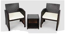 lot 57 image: (3-Piece) Rattan Wicker Patio Conversation Sofa Set with White Cushions and Tempered Glass Coffee Table for Garden