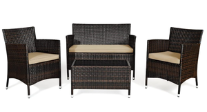 lot 64 image: COSTWAY 4PCS Rattan Patio Furniture Set, Outdoor Wicker Rattan Chairs with Coffee Table, Rattan Cushioned Conversation Set for Backyard Balcony Porch Poolside, Brown
