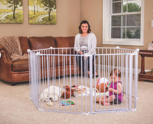 lot 118 image: Regalo 194 inch Super Wide Adjustable Baby Gate and Play Yard, 2-in-1, Age Group 6 to 24 Months, Configurable Baby Gate White
