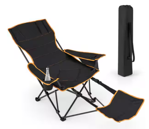 lot 123 image: Black Metal Folding Beach Chair with Detachable Footrest, Adjustable Backrest, Cup Holder, Lightweight Camping Chair