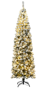 lot 125 image: Goplus 7.5FT Artificial Snow Flocked Christmas Tree, Pre-Lit Hinged Pencil Tree with 350 LED Lights and Metal Stand, Slim Xmas Tree for Holiday Decor