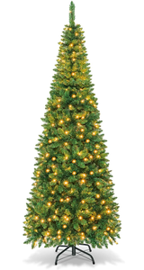 lot 126 image: Goplus Prelit Pencil Christmas Tree, Premium Hinged Fir Tree, with LED Lights and Solid Metal Stand, Easy Assemble, Ideal Artificial Xmas Tree for Home and Office, Warm White LED (7.5FT)