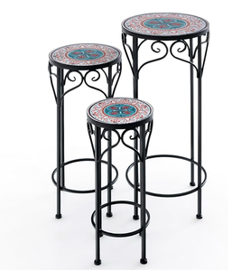 lot 137 image: HAPPYGRILL Metal Plant Stand Set of 3, Indoor Outdoor Mosaic Plant Rack, Decorative Flower Display Holder with Ceramic Top, Stackable Design, for Living Room, Patio, Wedding Party