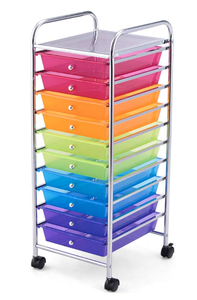lot 138 image: 10-Tier Rolling Utility Cart with Lockable Casters, Mobile Utility Cart with 10 Drawers, Multipurpose Storage Organizer Cart for School, Office, Home, Kitchen (Rainbow)