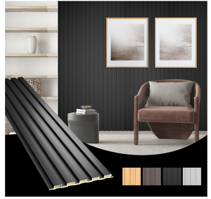 lot 216 image: OUZUGIE WPC Acoustic Slat Wall Paneling, 8-Pack 96 x 6 Inches 3D Wall Panels for Interior Wall Decor,Living Room,TV Background,Study Room,Office Spaces,Bedroom,Low Grille (Black