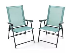 lot 318 image: Costway 2 -Piece Folding Sling Back Chair Portable Armrests Metal Outdoor Dining Chair in Green 2 Pack