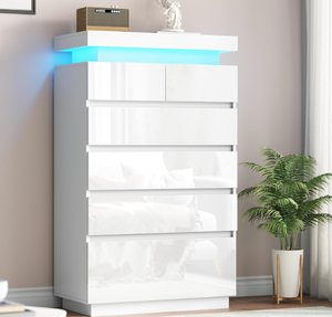 lot 427 image: 6 Drawer Dresser for Bedroom with LED Lights, White Modern High Gloss Chest of Drawers for Closet, Tall Drawer with Adjustable LED Light, for Living Room, Entryway, Dressing Room