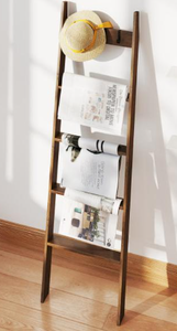lot 460 image: Costway JV12137CF 5-Tier Bamboo Ladder Bookshelf with 4 Removable Hooks - Brown
