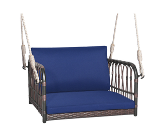lot 274 image: MHJMGD Porch Swing Chair, Rattan Woven Hanging Bench Seat with Cushions, Navy, Hooks Included, Balcony, Backyard, Patio, Indoor & Outdoor Use