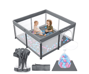 lot 279 image: Foldable Baby Playpen with Mat, Collapsible Play Pen for Babies and Toddlers, Indoor & Outdoor Kids Safety Play Pen, Portable Play Yard with 50 Ocean Balls, 5070, Gray