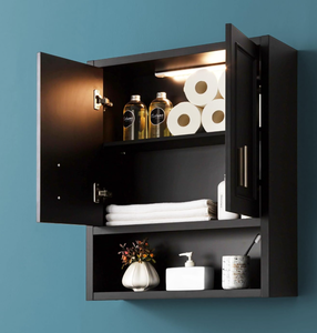 lot 292 image: Black Wall Cabinet 23x29 inch for Bathroom Laundry Room Bedroom Kitchen Wood Medicine Cabinet, DIY Lighting, Soft-Close Hinge, 2 Door,Above Toilet Storage