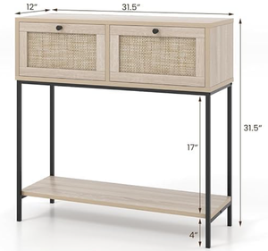 lot 84 image: Moccha Rattan Console Table, Entryway Table with 2 Drawers, Open Storage Shelf, Metal Stand, Boho Style Long Sofa Side Table, Wood Narrow Entry Table for Living Room, Hallway