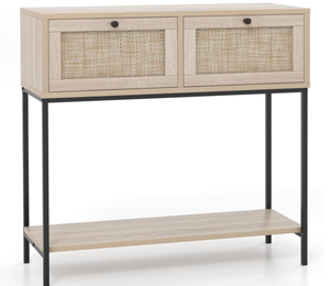 lot 94 image: Giantex Rattan Console Table, 31.5 Entryway Table with 2 Drawers & Open Storage Shelf, Metal Frame, Boho Style Long Sofa Tables, Narrow Entry Tables for Living Room, Hallway, Foyer