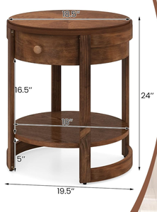 lot 95 image: Giantex Round Side Table, 2-Tier Wooden End Table with Drawer and Shelf, Vintage Wood Grain Finish, Retro Circle Night Stand for Living Room Bedroom, Walnut