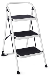 lot 145 image: Folding 3-Step Ladder, Heavy Duty Step Stool Lightweight Steel Ladder with Handgrip & Wide Anti-Slip Platform for KitchenShopGarage, 340lbs Capacity