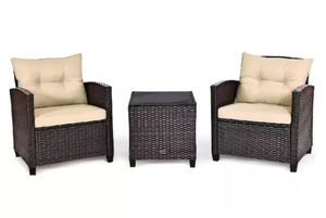 lot 330 image: 3-Piece Rattan Wicker Patio Conversation Set Sofa Coffee Table with Yellowish Cushions