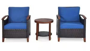 lot 331 image: 3-Piece Solid Wood Outdoor Serving Bar Set with Navy Blue Cusion of Frame Patio Rattan Furniture Set