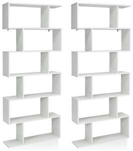 lot 336 image: SILKYDRY 6 Tier Geometric Bookshelf, Wooden S Shaped Bookshelf, Freestanding Room Divider and Display Shelf, 75 Tall Book Shelf Unit for Living Room Bedroom Office