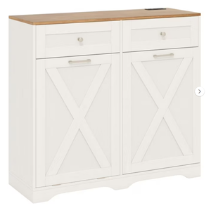 lot 344 image: Costway KC57448WH Tilt Out Trash Can Cabinet with Outlets & Adjustable Shelf - White