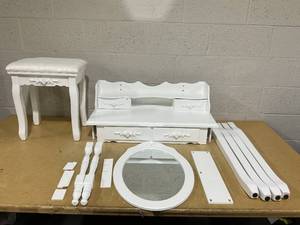 lot 379 image: Ktaxon Elegance White Dressing Table Vanity Table and Stool Set Wood Makeup Desk with 4 Drawers & Mirror