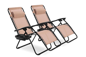 lot 354 image: 2-Pack Metal Outdoor Folding Zero Gravity Reclining Lounge Chairs in Beige with Tray and Headrest for Patio Garden Beach