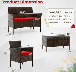 lot 362 image: HAPPYGRILL 4 Pieces Outdoor Rattan Conversation Set, Patio Wicker Furniture Set with Loveseat Chairs & Tempered Glass Coffee Table, Outside Sectional Sofa Set for Backyard Garden Poolside, Red