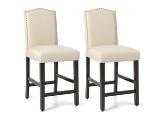 lot 491 image: Costway - Set of 2 Upholstered Bar stools 25 Counter Height Chairs with Rubber Wood Legs - Beige