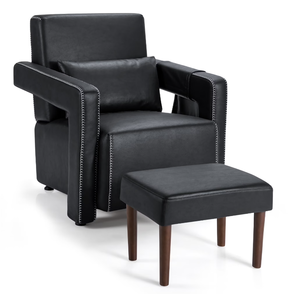 lot 53 image: Costway Breathable Leathaire Single Sofa Chair w Ottoman & Waist Pillow Black