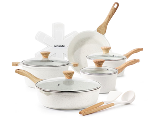 lot 171 image: SENSARTE Ceramic Nonstick Pots and Pans Set, 17Pcs Healthy Non Stick Cookware Set with Pots Protectors, Induction Kitchen Cookware Sets White