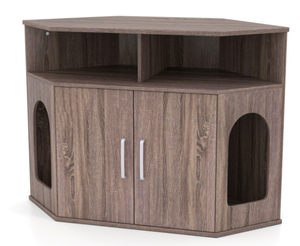 lot 327 image: Corner Cat Litter Box Enclosure with Storage Shelves and Double Doors