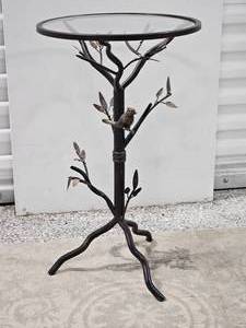lot 7 image: Bird in Branch Metal Glass Topped Side Table
