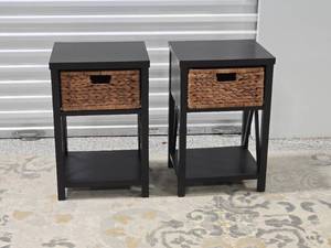 lot 13 image: Modern Side Table Pair with Basket Drawer Insert