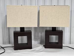 lot 34 image: Chic Modern Wood Square Base Table Lamp Pair