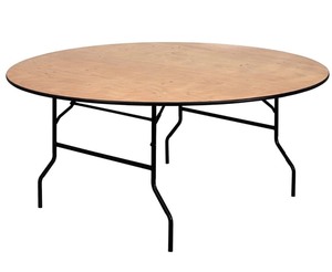 lot 50 image: One 6-Foot Round Wood Folding Banquet Table with Clear Coated Finished Top. Paid over $200