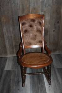 lot 4 image: Vintage Wooden Rocking Chair with Woven Cane Seat and Back